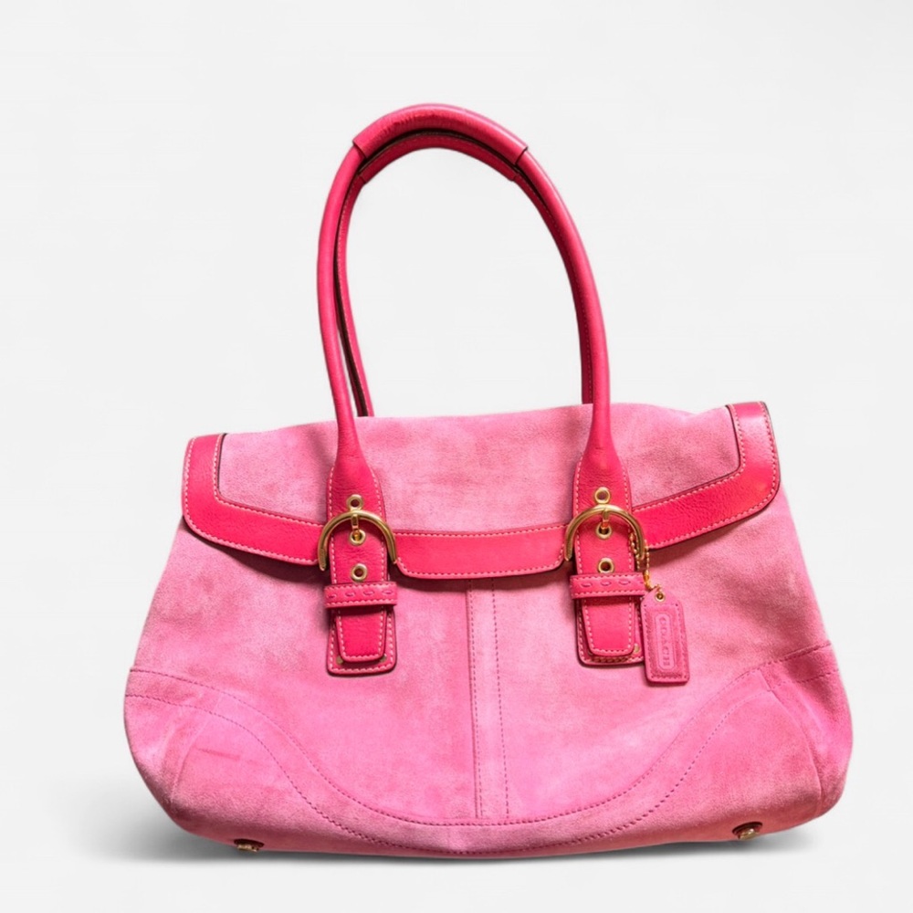 Coach Pink Suede Shoulder Bag with Gold Hardware